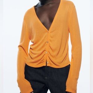 Zara Orange Knit Long Sleeve Ruched Blouse NWT